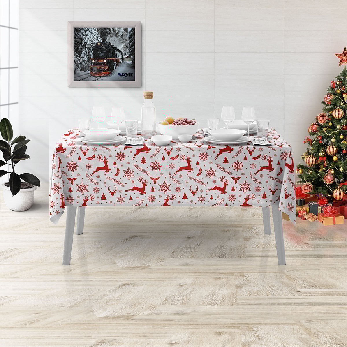 Geyik Desenli Yılbaşı Masa Örtüsü