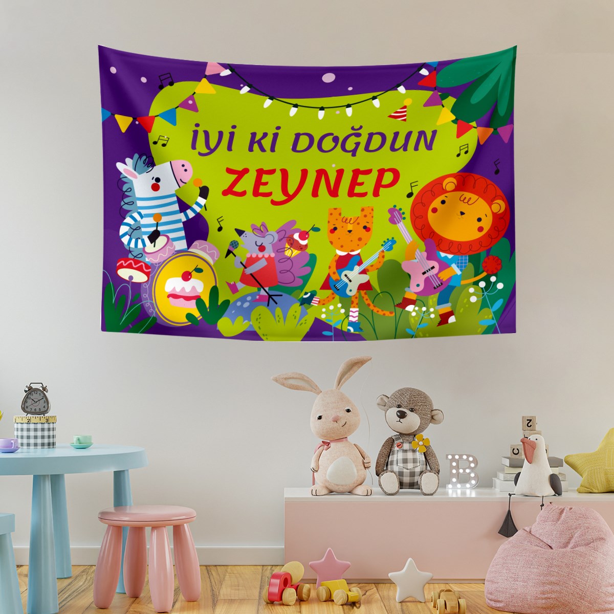 İsme Kişiye Özel Safari Konsept Doğum Günü Parti Duvar Örtüsü