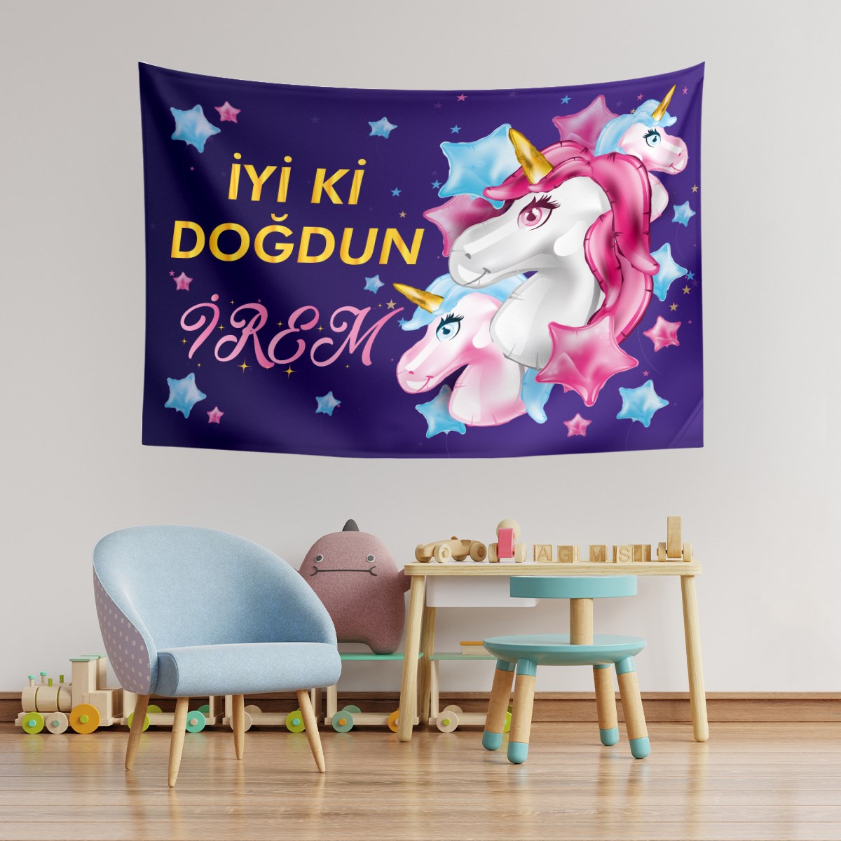 İsme Kişiye Özel Unicorn Konsept Doğum Günü Parti Duvar Örtüsü
