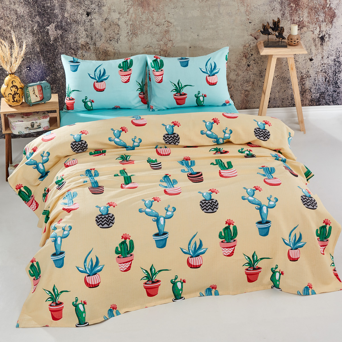 Kaktüs Desenli Tek Kişilik Pike Takımı Sarı