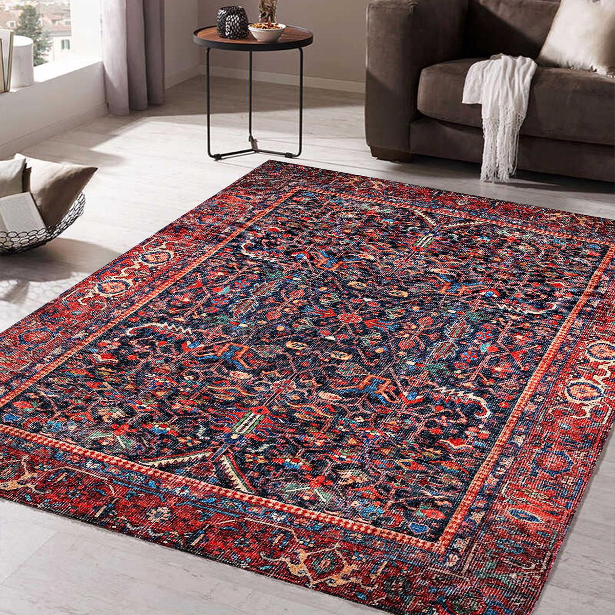 Klasik Afgan Türkmen Otantik Kilim Desenli Dijital Baskılı Halı Kaydırmaz Tabanlı Yıkanabilir Halı