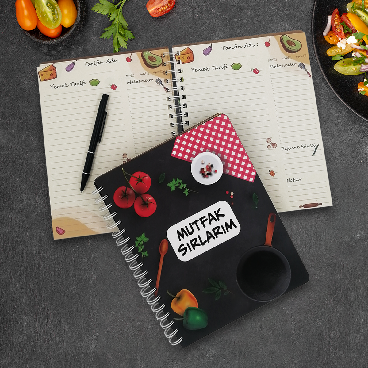 Özel Tasarım Ahşap Kapaklı Büyük Boy 160 Sayfa Yemek Tarif Defteri
