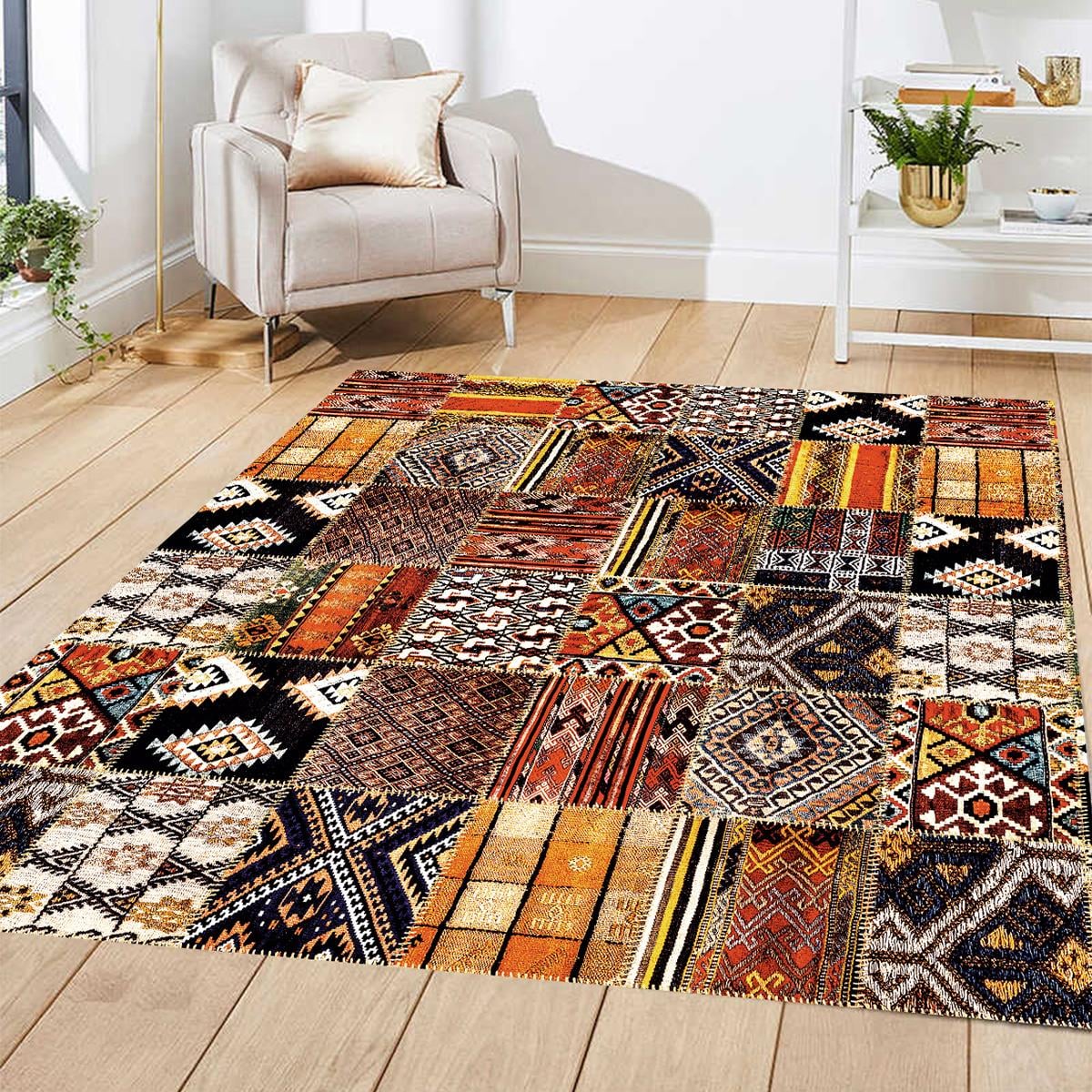 Patchwork Kırkyama Otantik Kilim Desenli Dijital Baskılı Halı Kaydırmaz Tabanlı Yıkanabilir Halı