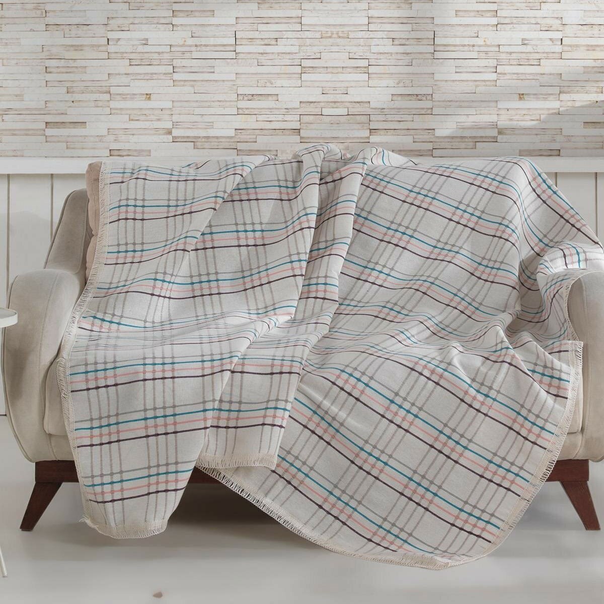 Sedir Natural Keten Sık Dokuma Renkli Çizgili Koltuk Örtüsü 170x210 cm