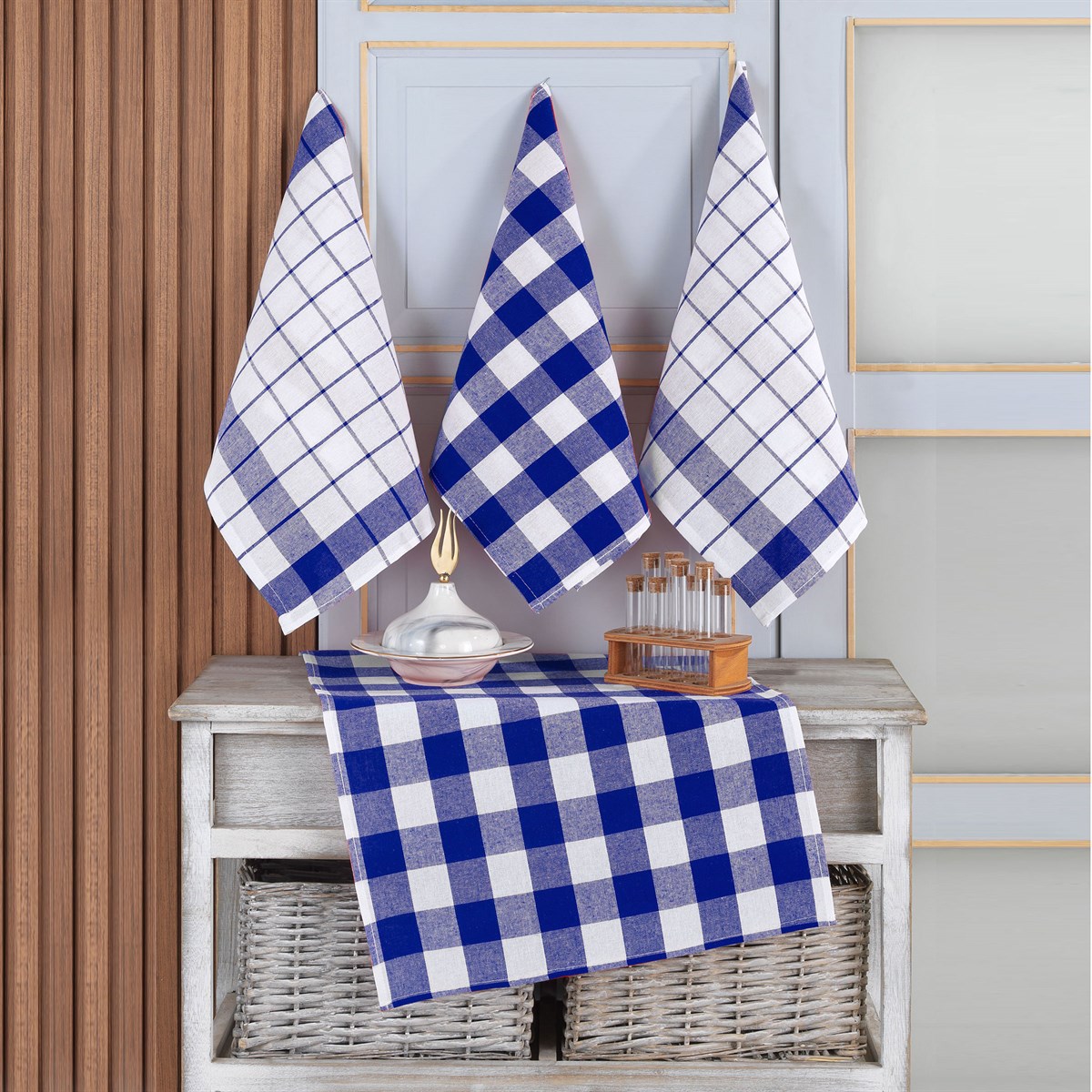 Vagonik 4'lü Mutfak Havlusu Seti & Alman Peçetesi & Kurulama Bezi 45x65 Mavi