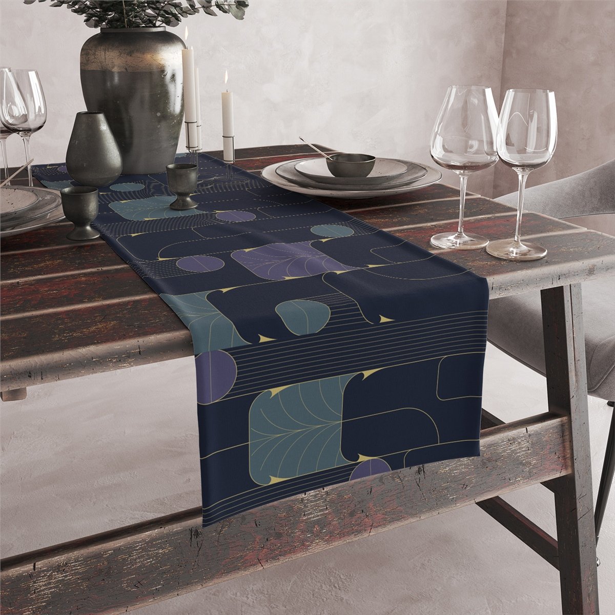 Vagonik Art Deco Desenli Dijital Baskılı Runner 140x40 cm