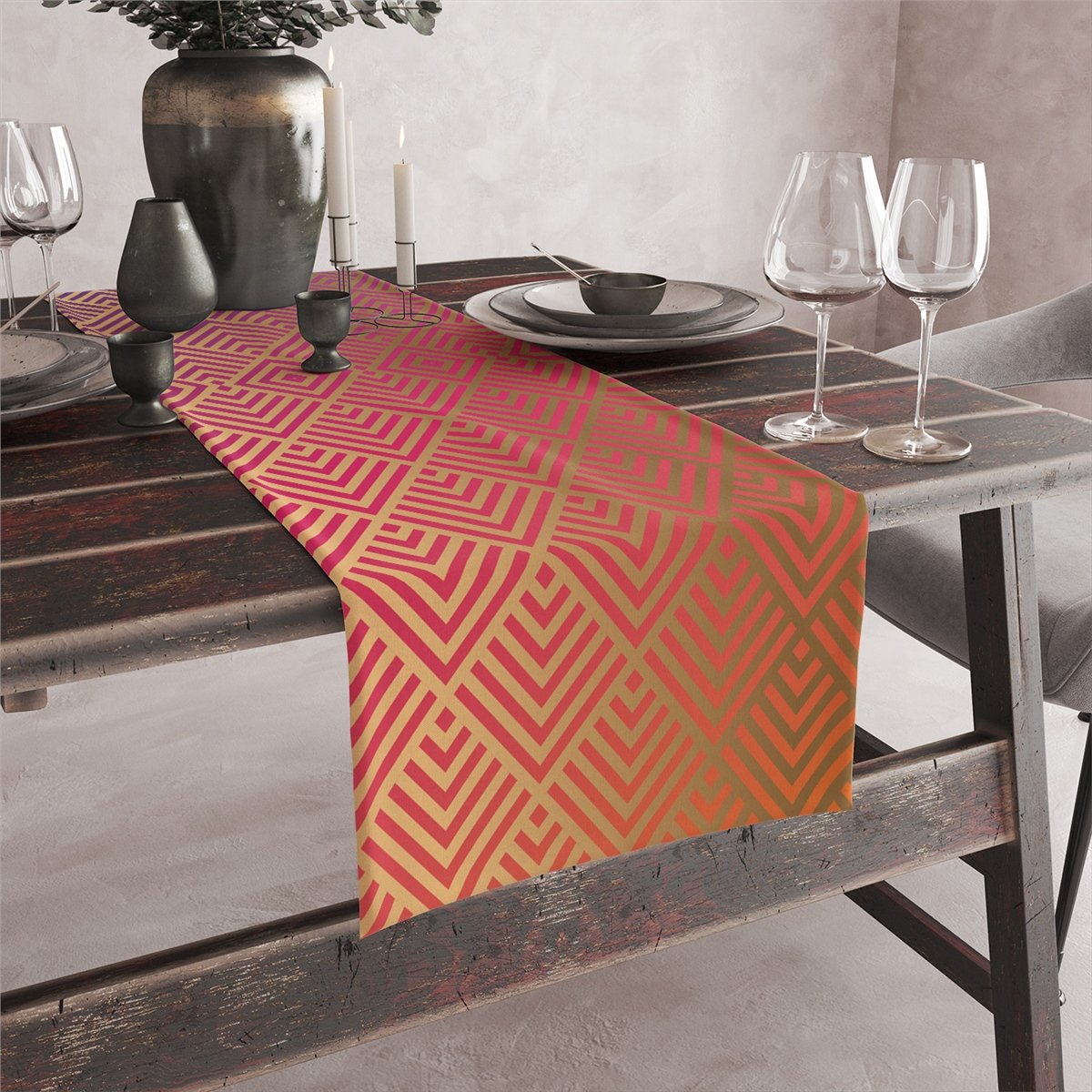 Vagonik Art Deco Desenli Dijital Baskılı Runner 140x40 cm