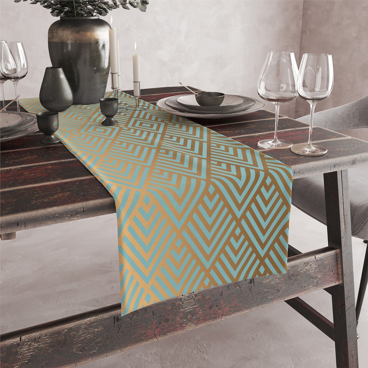 Vagonik Art Deco Yeşil Desenli Dijital Baskılı Runner 140x40 cm