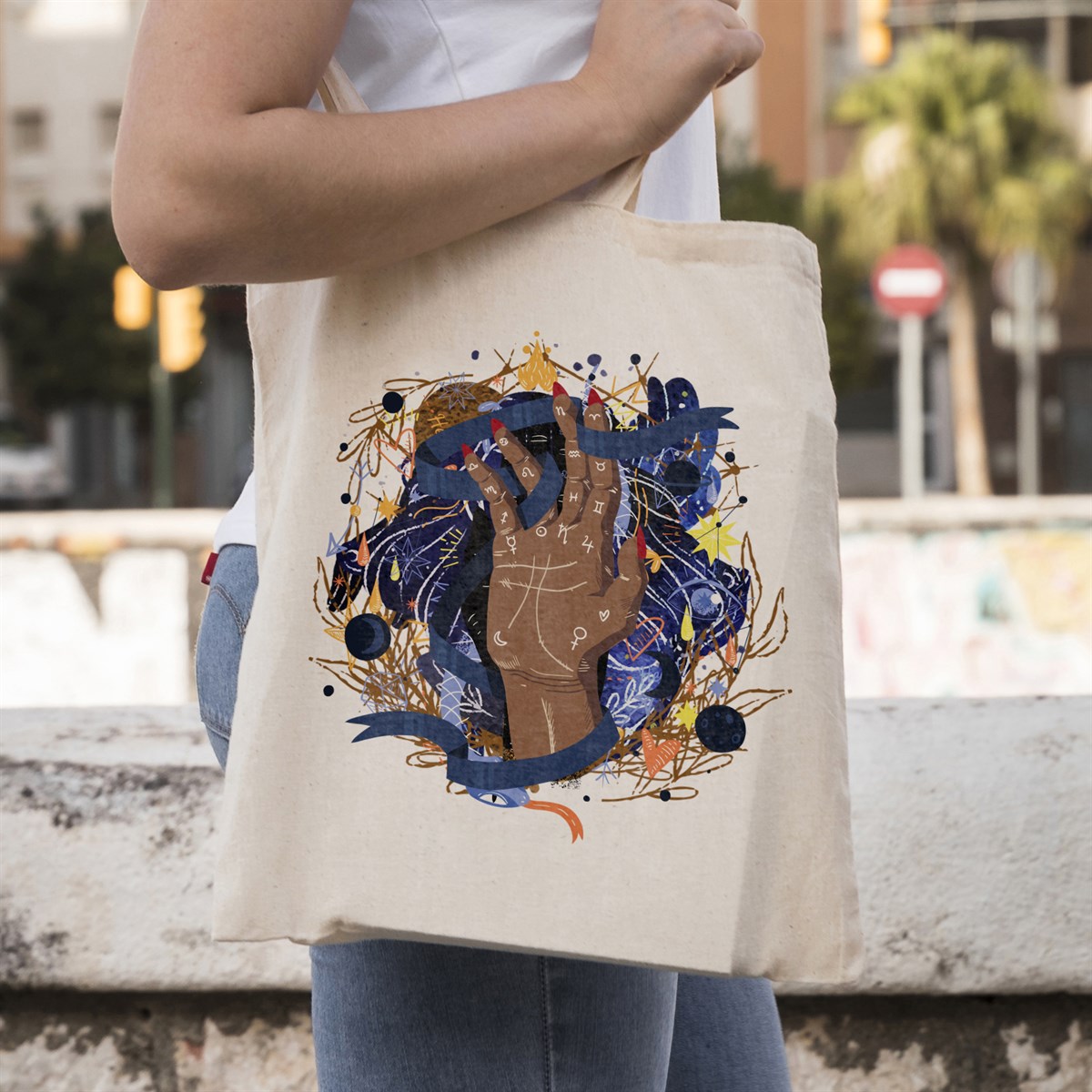 Vagonik Astroloji El Falı Baskılı Ham Bez Kanvas Çanta