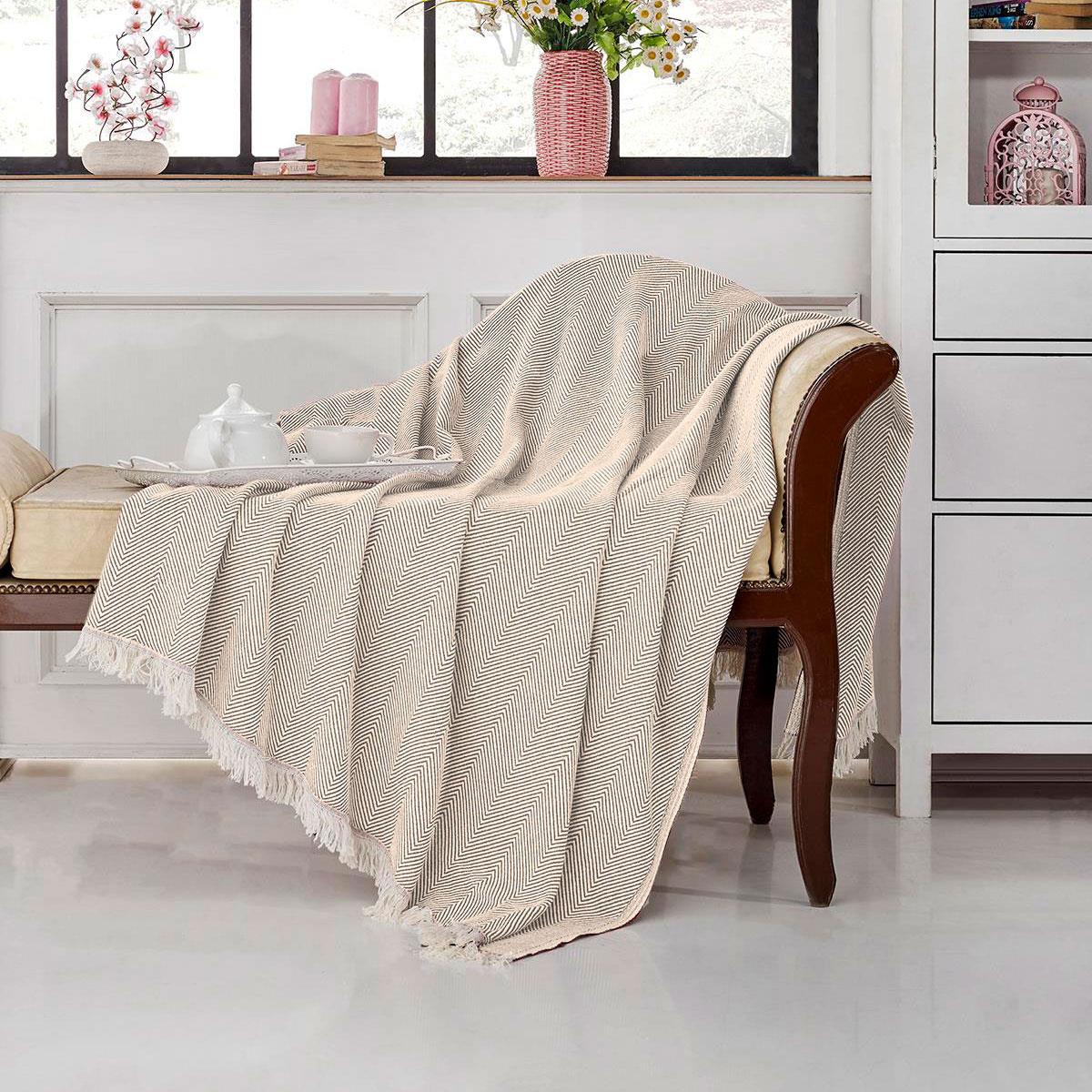 Vagonik Balık Sırtı Desenli Pamuk Pike Tek Kişilik Tv Battaniyesi 145x200cm Bej