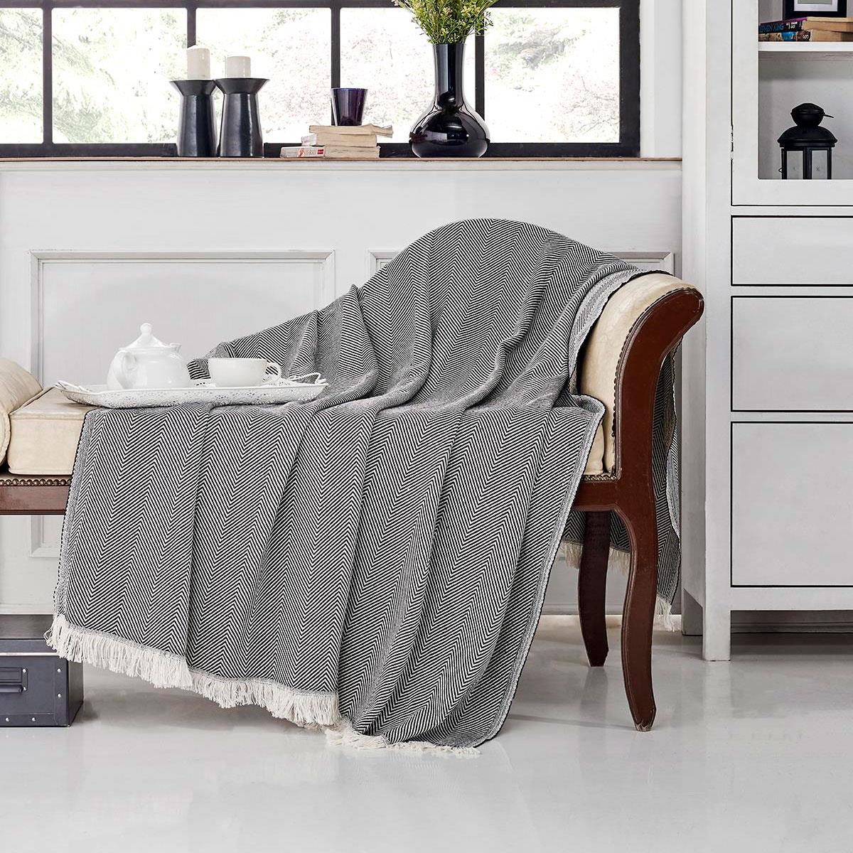 Vagonik Balık Sırtı Desenli Pamuk Pike Tek Kişilik Tv Battaniyesi 145x200cm Siyah