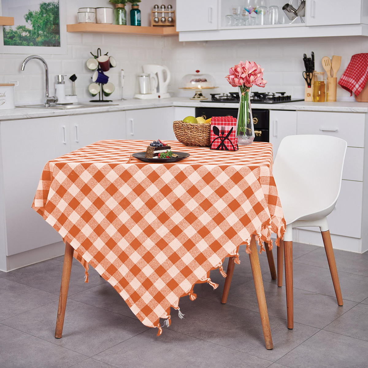 Vagonik Çok Amaçlı Sofra Bezi Piknik Örtüsü & Masa Örtüsü Turuncu Ekose Pötikare 140x140 Cm