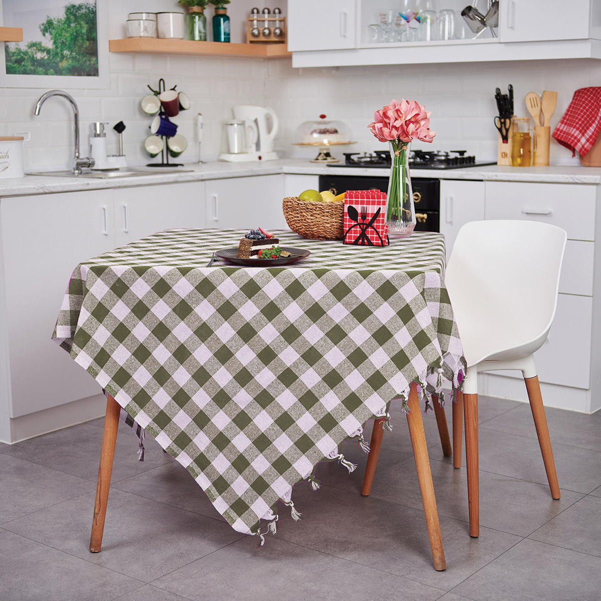 Vagonik Çok Amaçlı Sofra Bezi Piknik Örtüsü & Masa Örtüsü Askeri Yeşil Ekose Pötikare 140x140 Cm