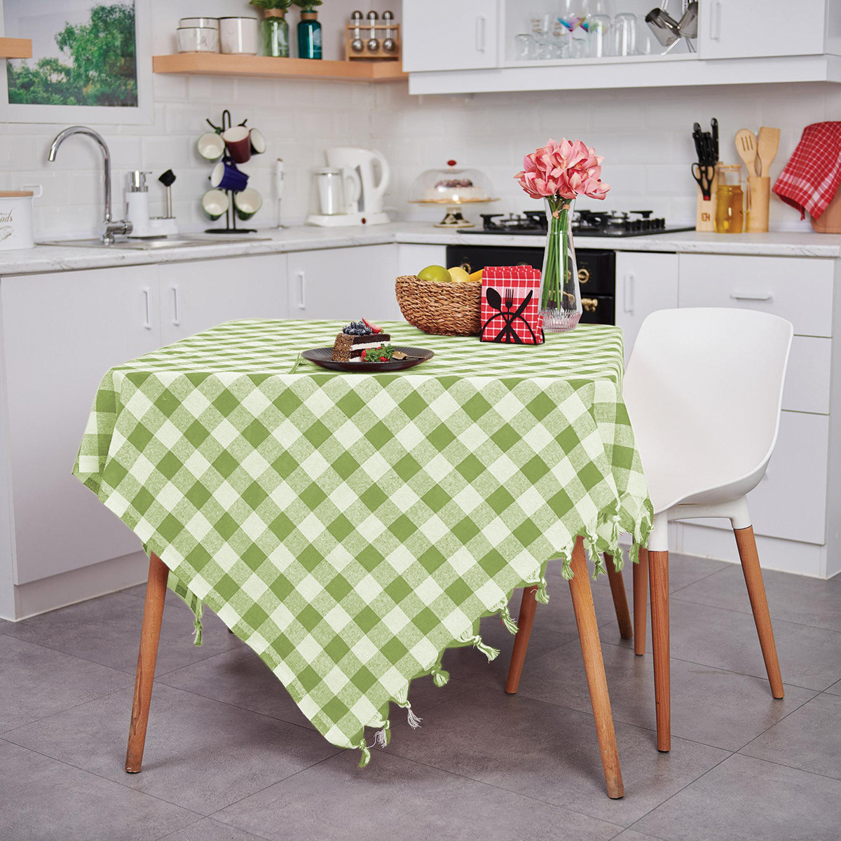 Vagonik Çok Amaçlı Sofra Bezi Piknik Örtüsü & Masa Örtüsü Fıstık Yeşil Ekose Pötikare 140x140 Cm