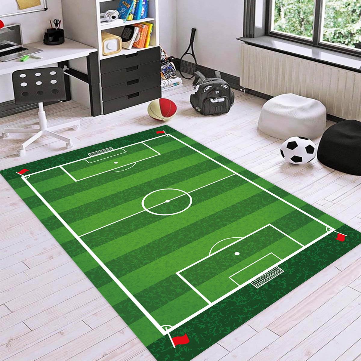 Vagonik Futbol Sahası Desenli Dijital Baskılı Halı Kaydırmaz Tabanlı Yıkanabilir Çocuk Odası Halısı