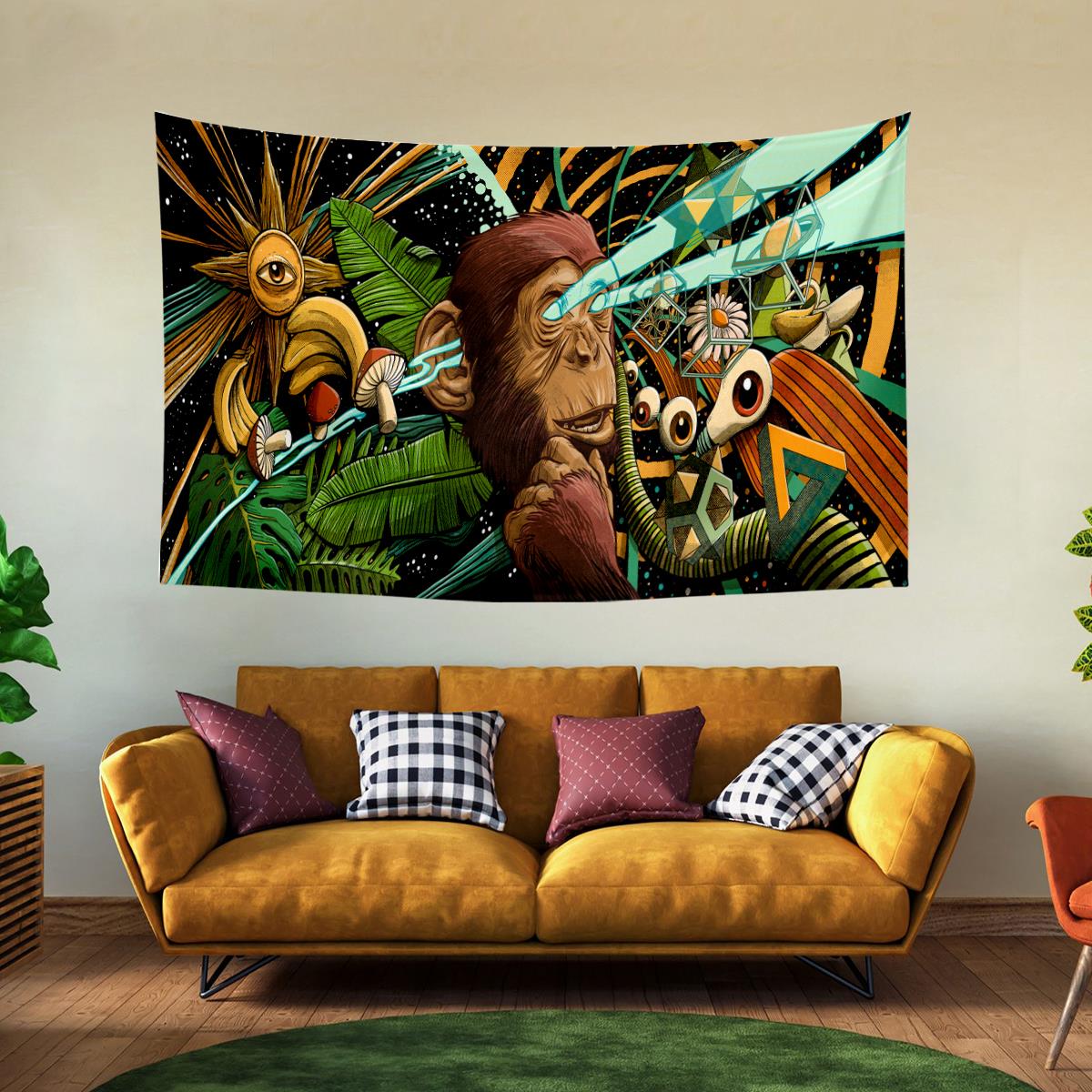 Vagonik Maymun Mantar Trip Güneş Kozmik Psychedelic Duvar Örtüsü Halısı 70x140