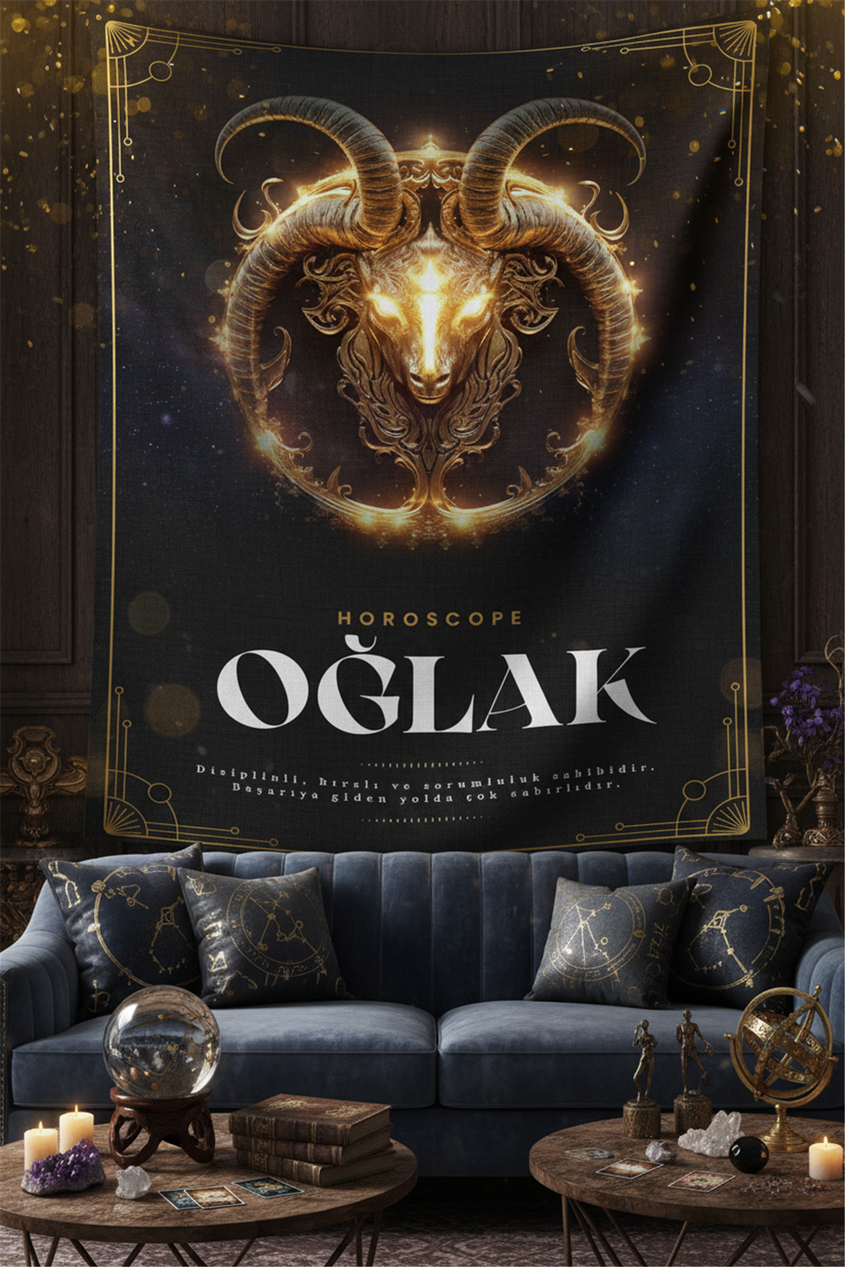 Vagonik Oğlak burcu Astroloji Temalı Mistik Desenli Duvar Örtüsü Tapestry Desen 468