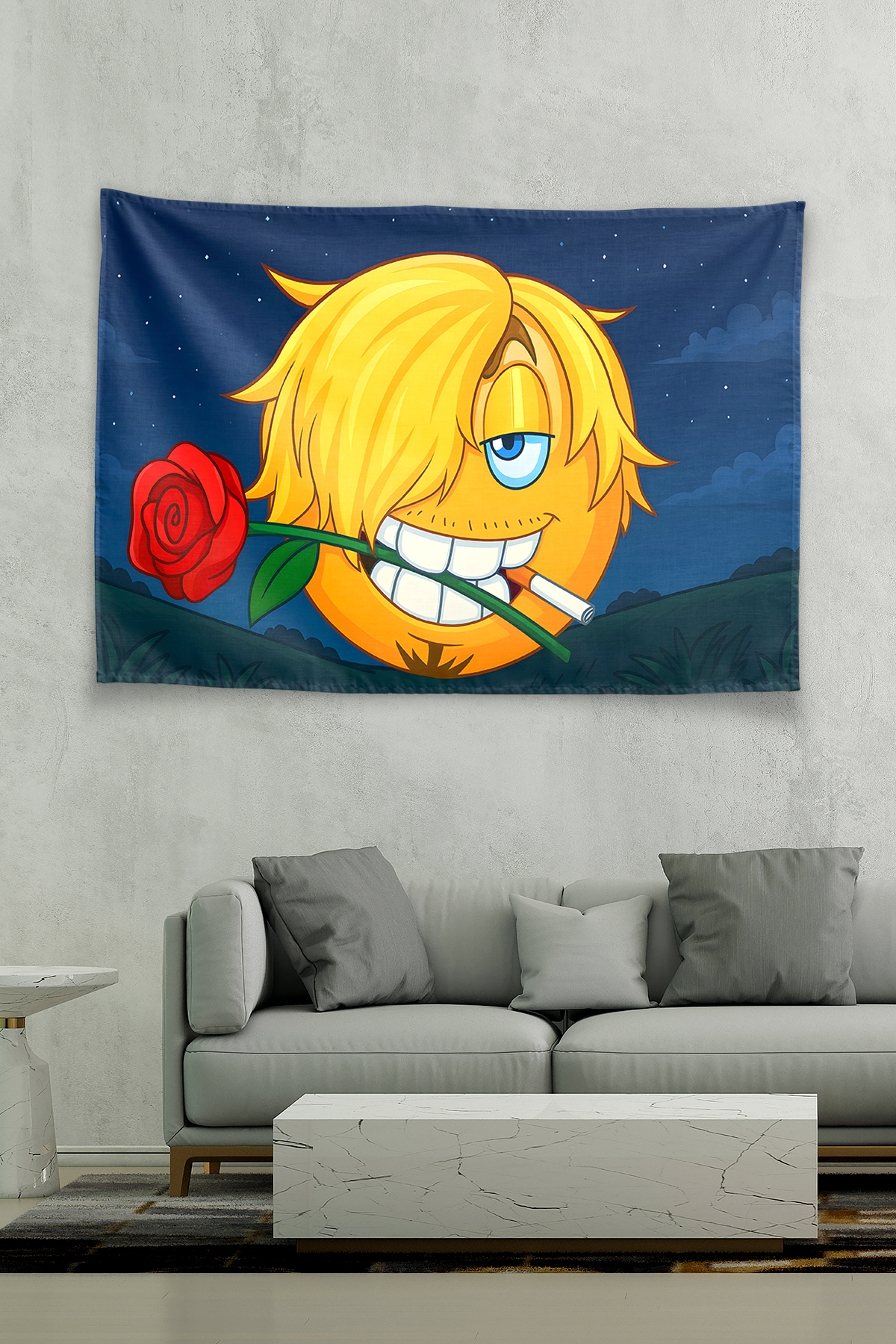 Vagonik One Piece Sanji Blonde Smirk Emoji Duvar Örtüsü Tapestry