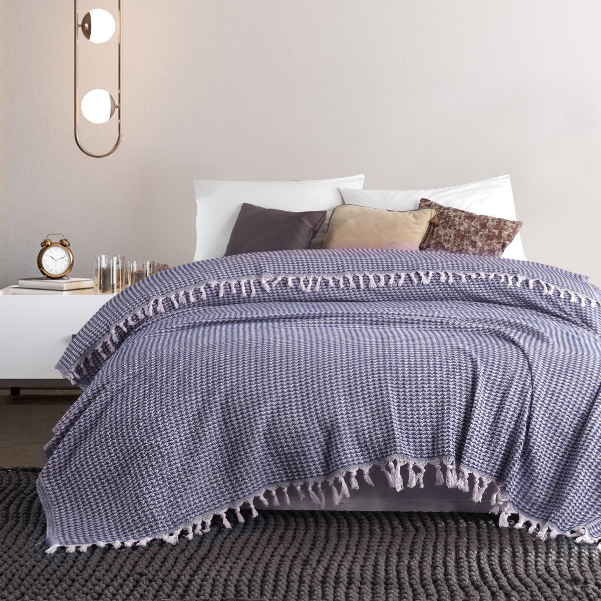 Vagonik Piramit Çift Kişilik Yatak Örtüsü 200 X 230 Cm Pike Pamuklu Koltuk Kanepe Örtüsü Püsküllü - Lacivert