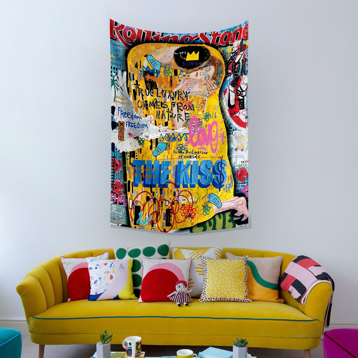 Vagonik Pop Art Gustav Klimt The Kiss Öpücük Grafiti Duvar Örtüsü Halısı 70x100, 100x140, 140x200