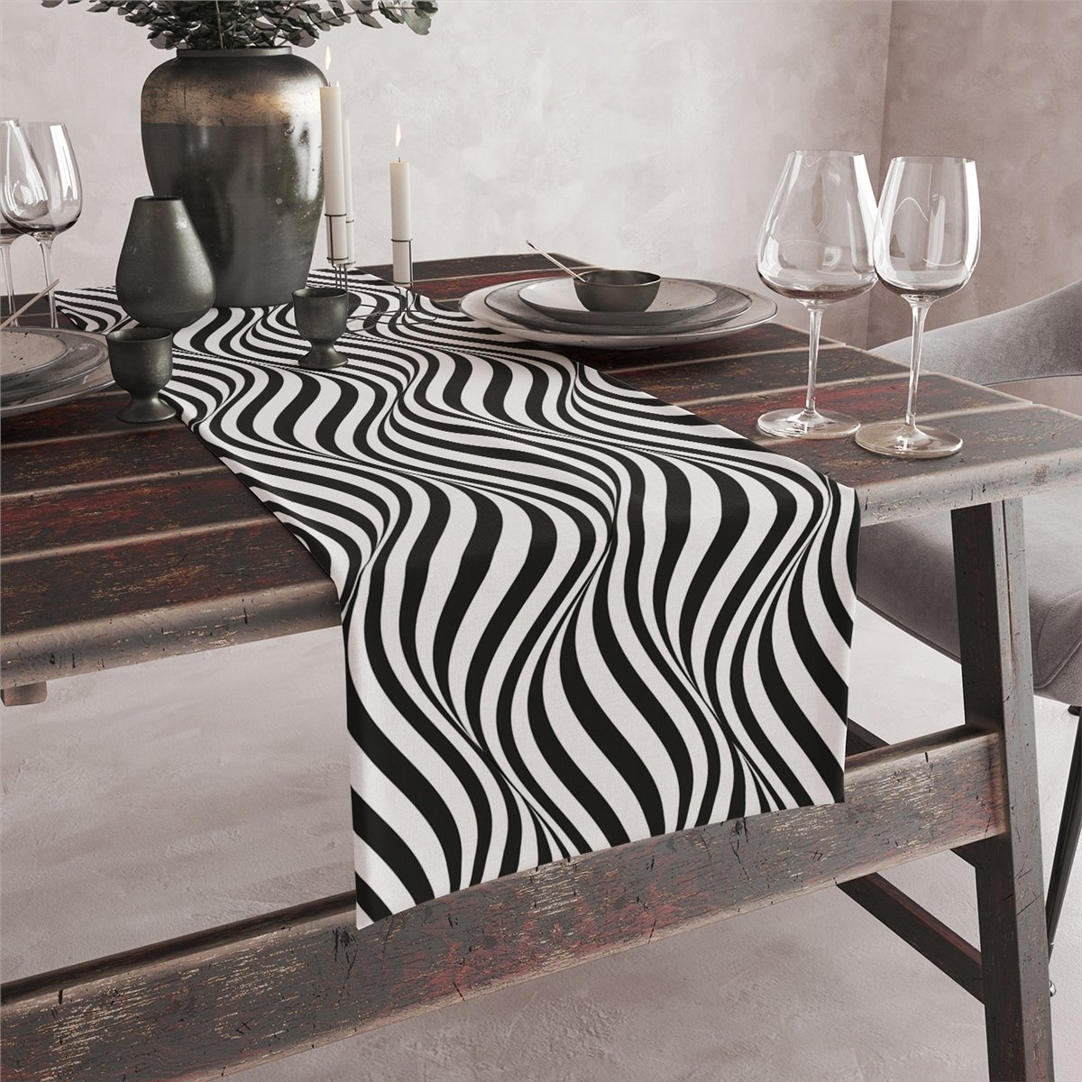 Vagonik Siyah Beyaz Dalga Desenli Dijital Baskılı Runner 140x40 cm