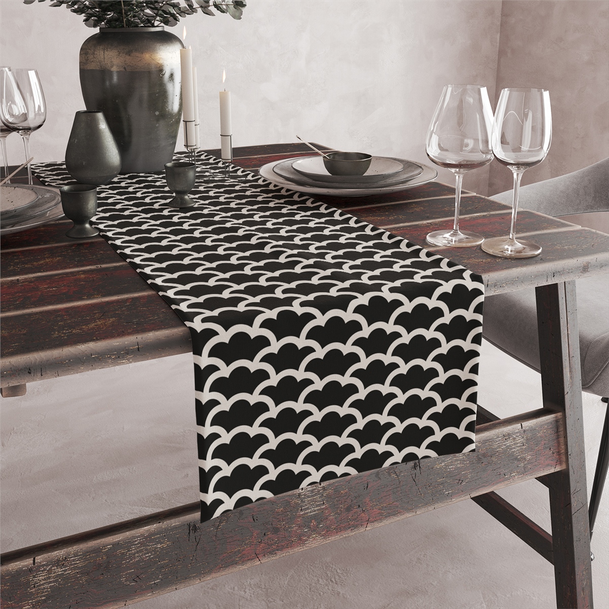 Vagonik Siyah Beyaz Dalga Desenli Dijital Baskılı Runner 140x40 cm