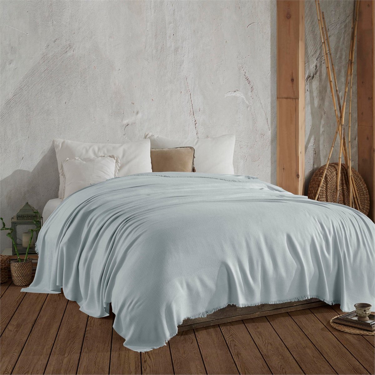 Vagonik Soft Çift Kişilik Bambu Yatak Örtüsü - Mavi