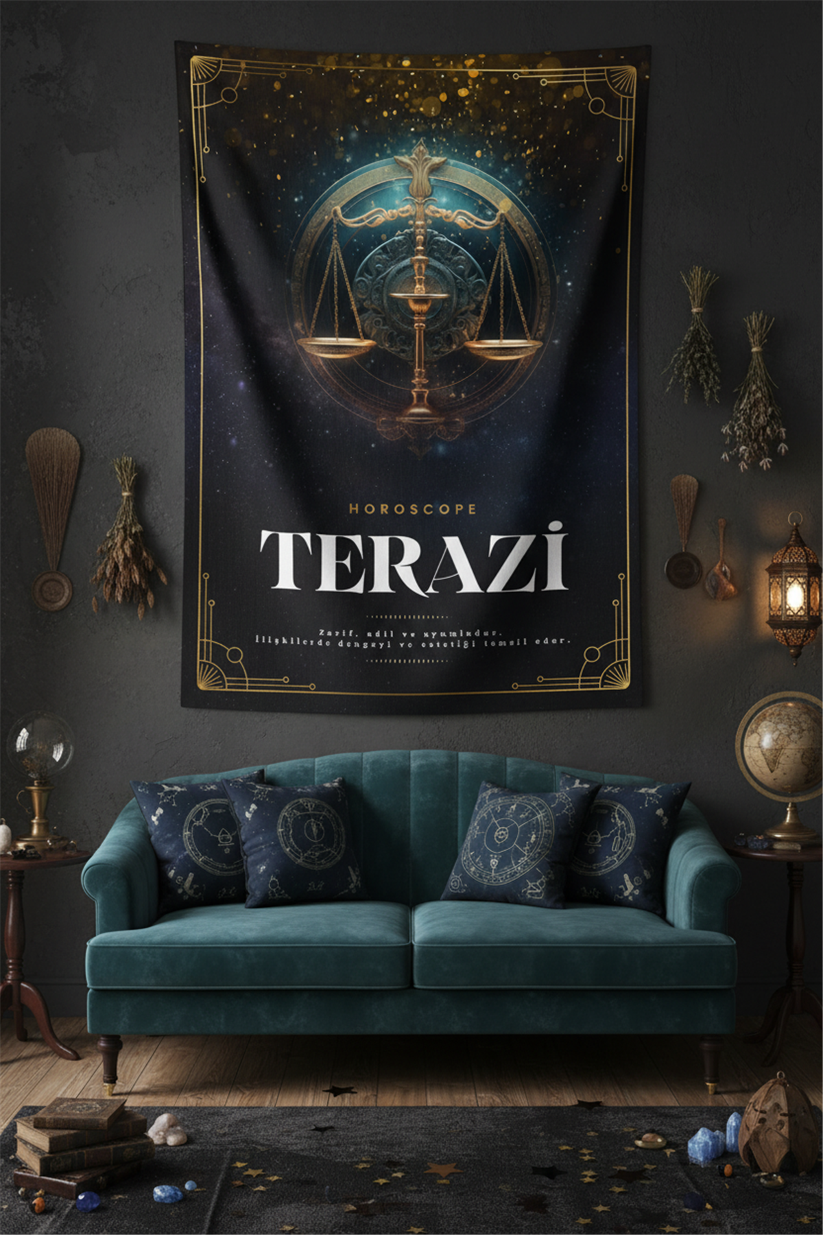 Vagonik Terazi burcu Astroloji Temalı Mistik Desenli Duvar Örtüsü Tapestry Desen 467