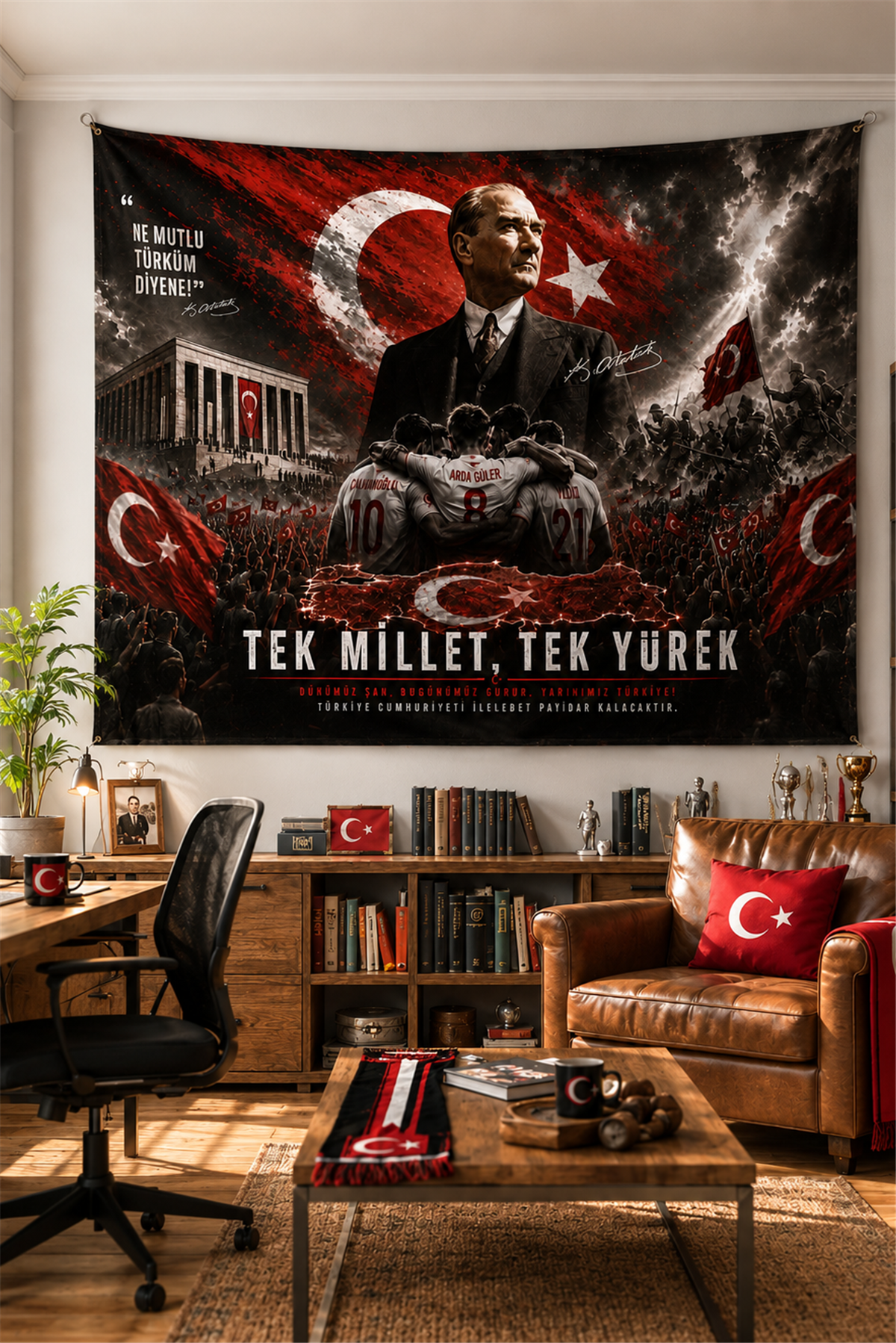 Vagonik Türk Milli Takımı ve Atatürk Duvar Örtüsü Yatay Afişi Kalın Kumaş Dünya Kupası