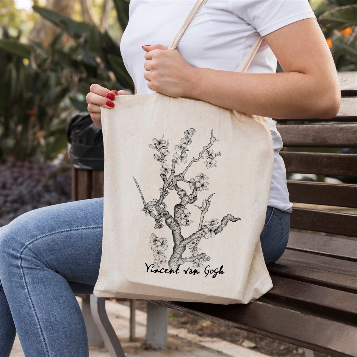 Vagonik Van Gogh Badem Ağacı Baskılı Ham Bez Kanvas Çanta 240 gr