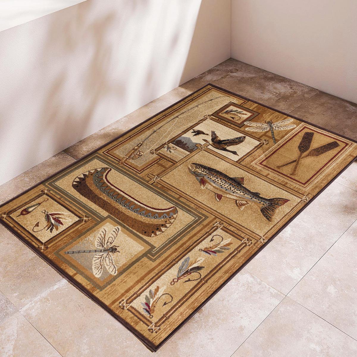 Vagonik Vintage Kayık Balık Ve Vahşi Doğa Desenli Dijital Baskılı Halı Kaydırmaz Tabanlı Yıkanabilir Halı