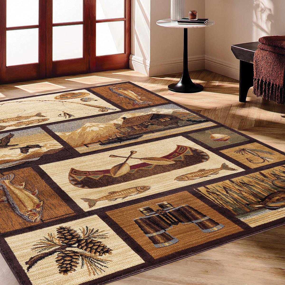 Vagonik  Vintage Kayık Balık Ve Vahşi Doğa Desenli Dijital Baskılı Halı Kaydırmaz Tabanlı Yıkanabilir Halı