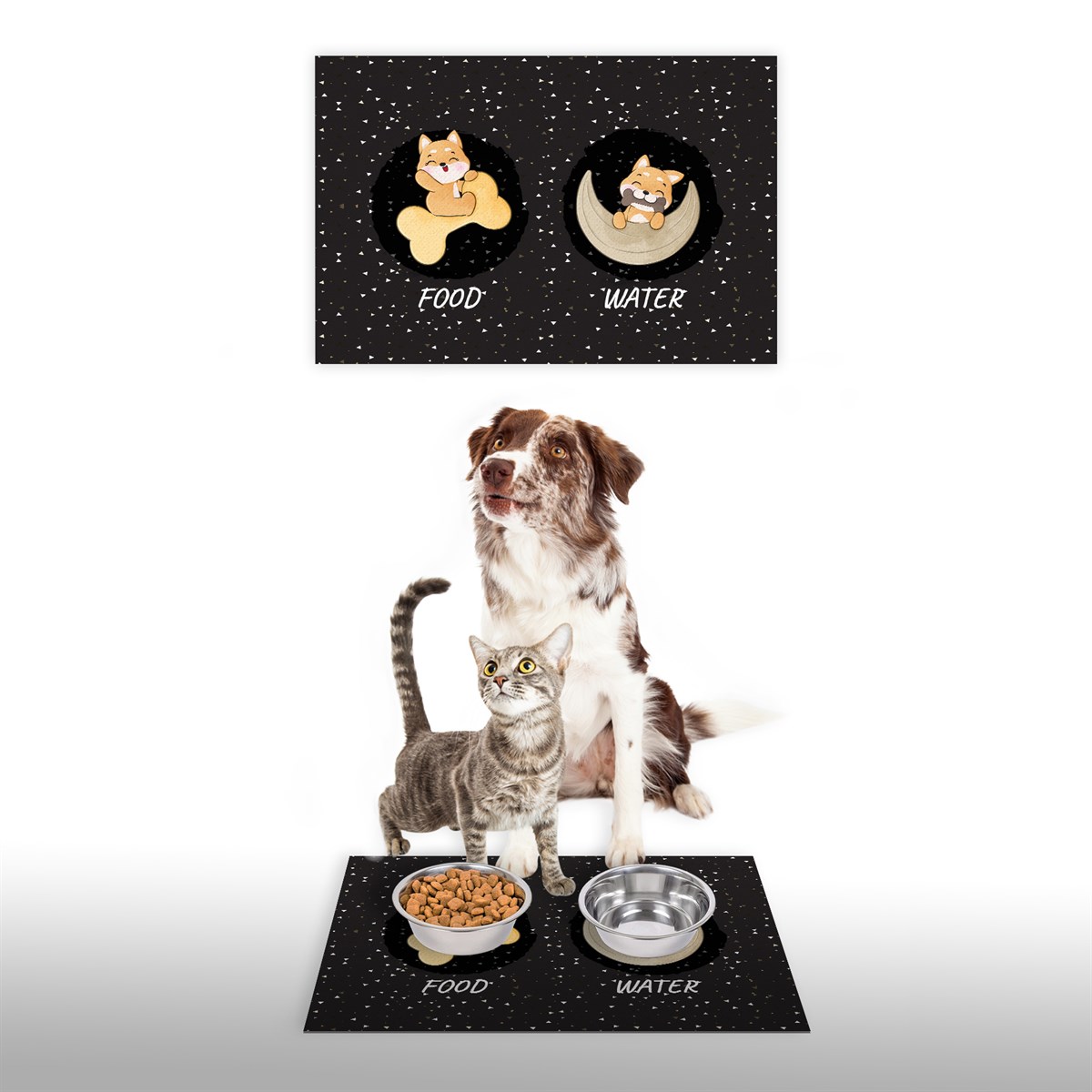Vagonik Water Food Kedi Köpek Antrasit Dijital Baskılı 35x50cm Dekoratif Çok Amaçlı Iç Ve Dış Kapı Paspası Mama Paspası