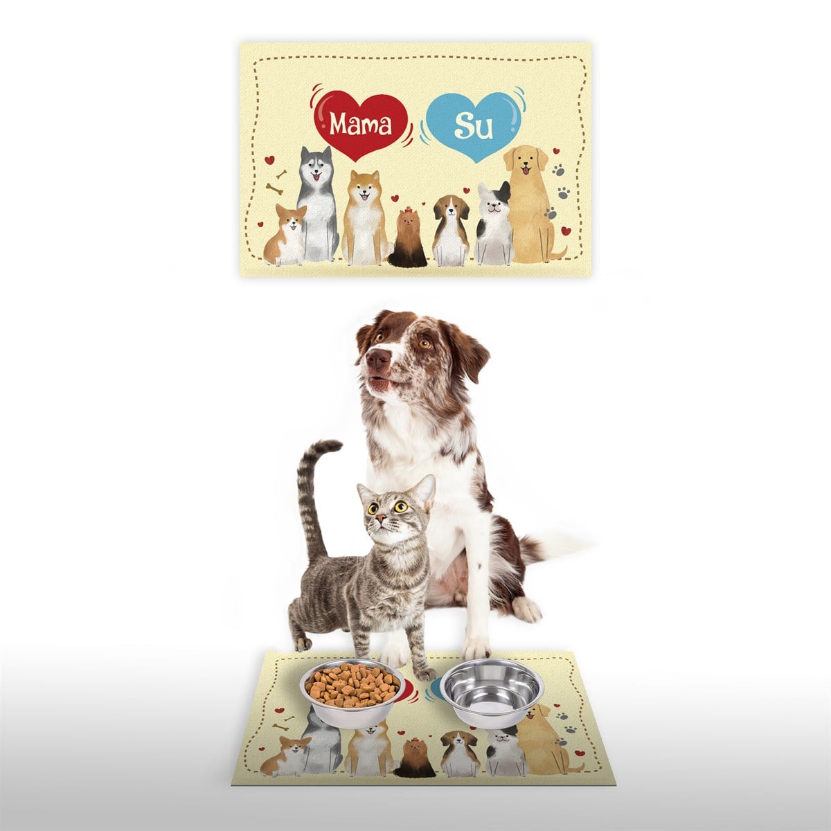 Vagonik Water Food Kedi Köpek Desenli Mama Su Dijital Baskılı 35x50cm Dekoratif Çok Amaçlı Iç Ve Dış Kapı Paspası Mama Paspası