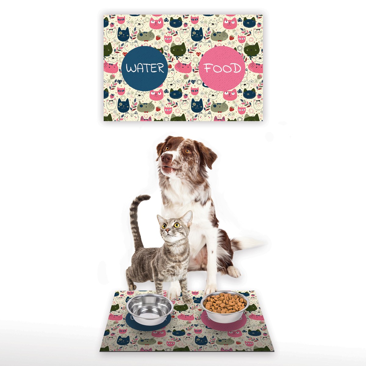 Vagonik Water Food Kedi Köpek Desenli Dijital Baskılı 35x50cm Dekoratif Çok Amaçlı Iç Ve Dış Kapı Paspası Mama Paspası