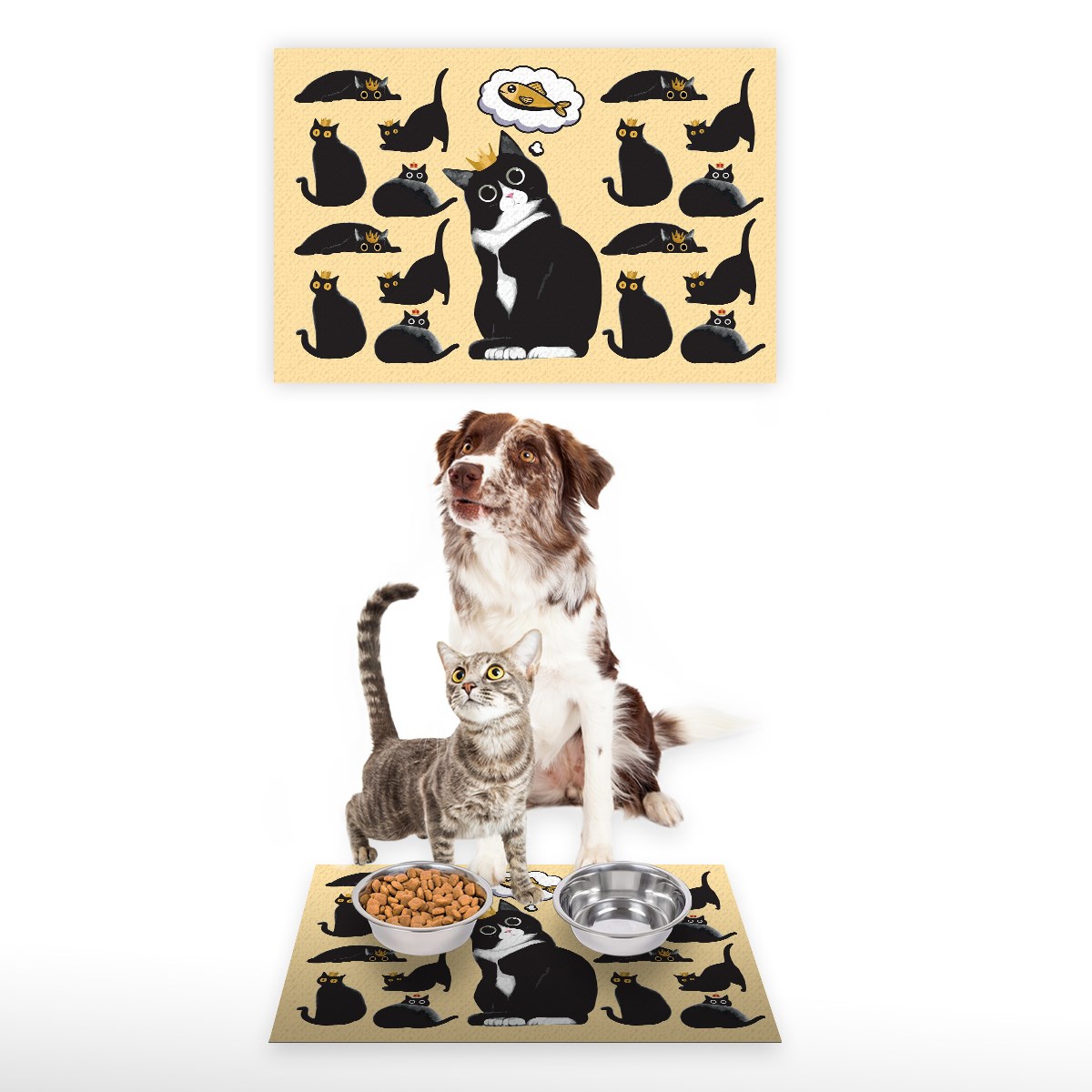 Vagonik Water Food Kedi Köpek Desenli Dijital Baskılı 35x50cm Dekoratif Çok Amaçlı Iç Ve Dış Kapı Paspası Mama Paspası