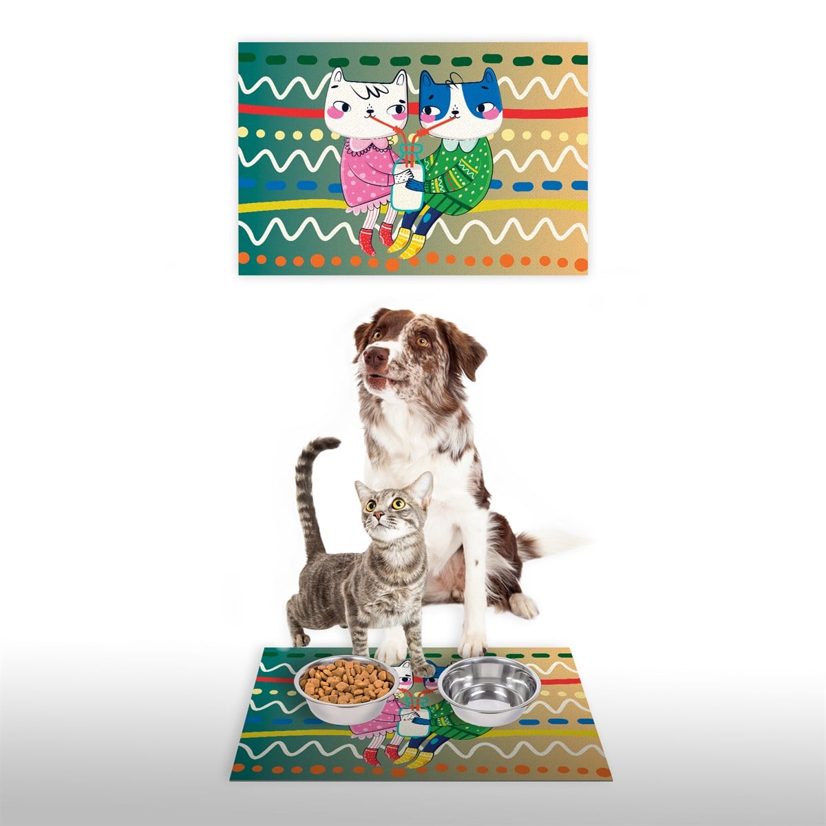 Vagonik Water Food Kedi Köpek Desenli Dijital Baskılı 35x50cm Dekoratif Çok Amaçlı Iç Ve Dış Kapı Paspası Mama Paspası