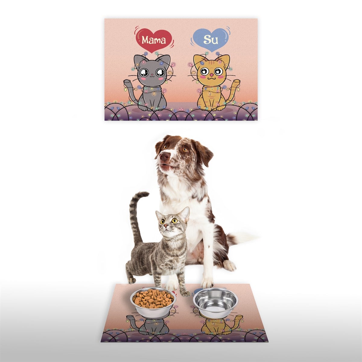 Vagonik Water Food Kedi Köpek Kalp Desenli Dijital Baskılı 35x50cm Dekoratif Çok Amaçlı Iç Ve Dış Kapı Paspası Mama Paspası