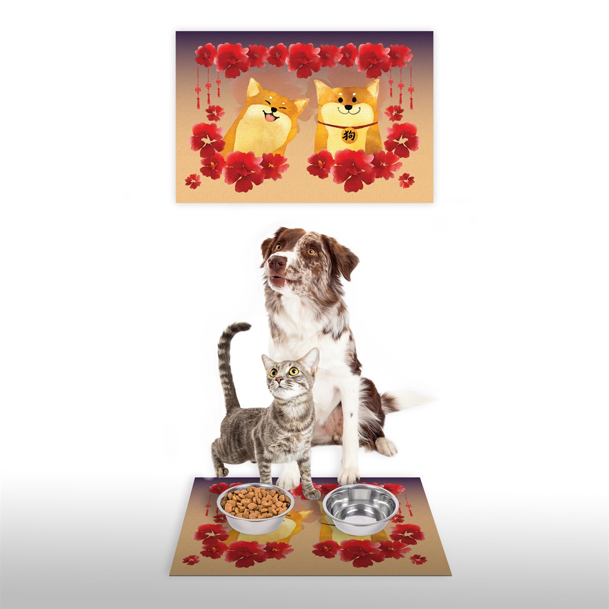 Vagonik Water Food Kedi Köpek Uzak Doğu Desenli Dijital Baskılı 35x50cm Dekoratif Çok Amaçlı Iç Ve Dış Kapı Paspası Mama Paspası