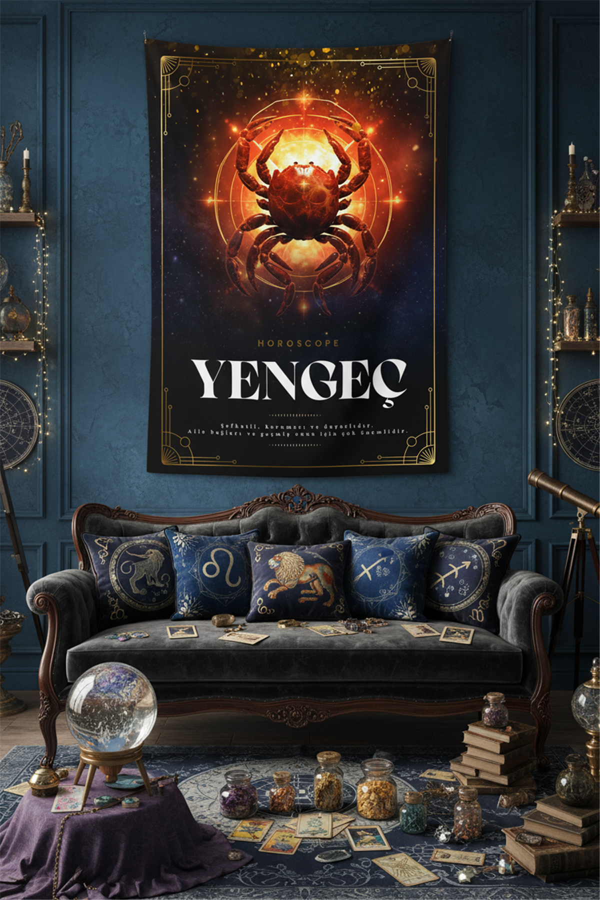 Vagonik Yengeç burcu Astroloji Temalı Mistik Desenli Duvar Örtüsü Tapestry Desen 473
