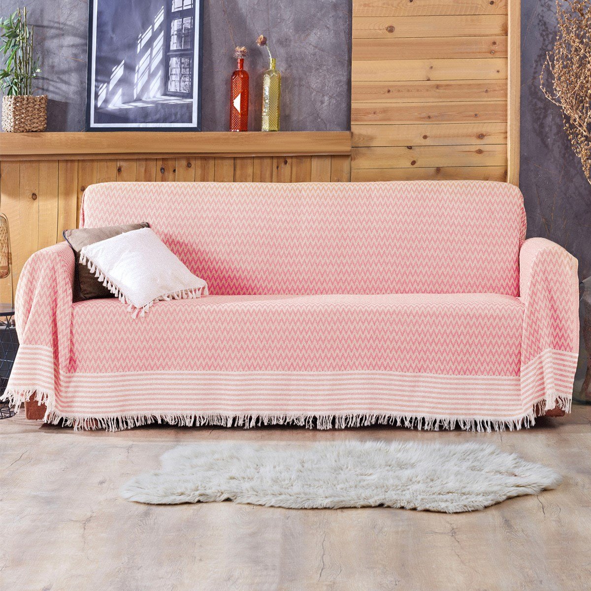 Vagonik Zigzag Desenli 3m Çekyat Kollarını Örten Battal Boy Koltuk Örtüsü 170 x 300 Pudra