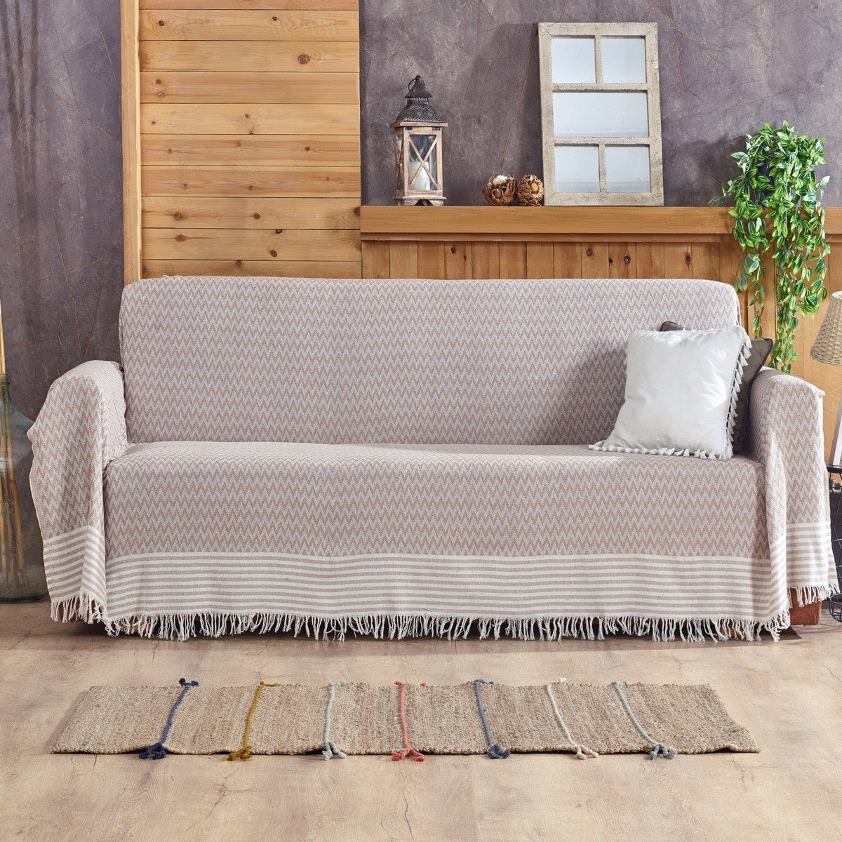 Vagonik Zigzag Desenli 3m Çekyat Kollarını Örten Battal Boy Koltuk Örtüsü 170 x 300 Bej