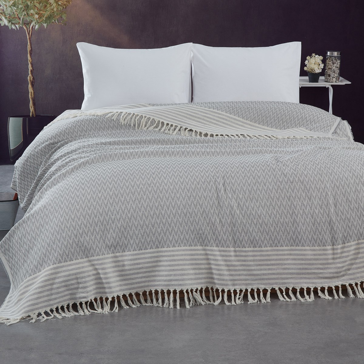 Vagonik Zigzag Kara Tezgah Dokuma Çift Kişilik Yatak Örtüsü - Gri