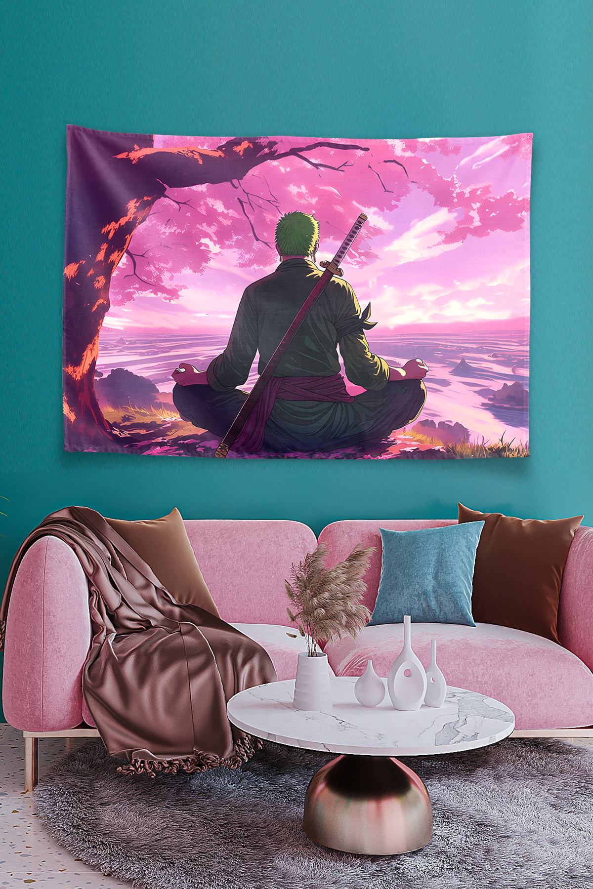 Vagonik Zoro Meditating Sakura Blossoms Duvar Örtüsü Tapestry