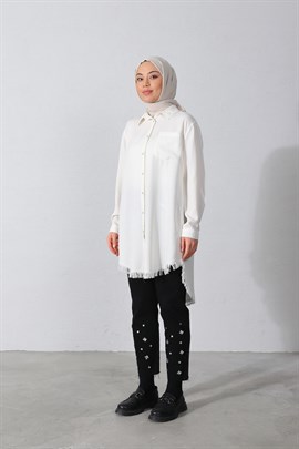 Eteği Püsküllü Tunik Ekru - Moda AlaPüsküllü Tensel Tunik Ekru