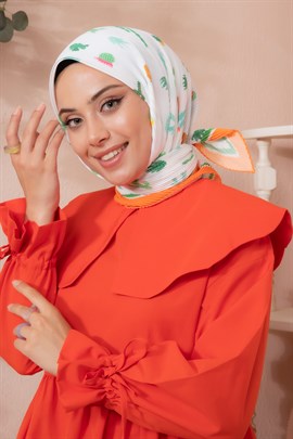 Tropikal Desenli Pliseli Eşarp Oranj