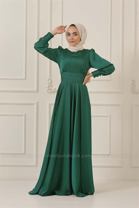 Bel Detaylı Elbise - Zümrüt Yeşili