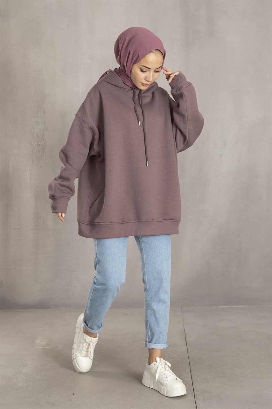 Comfort Oversize Kapşonlu Sweat Gül kurusu - Moda Ala