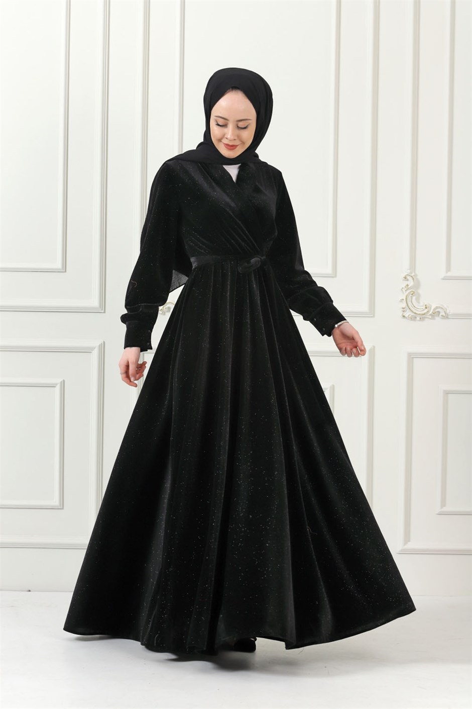 Kadife Simli Elbise Siyah - Moda Ala