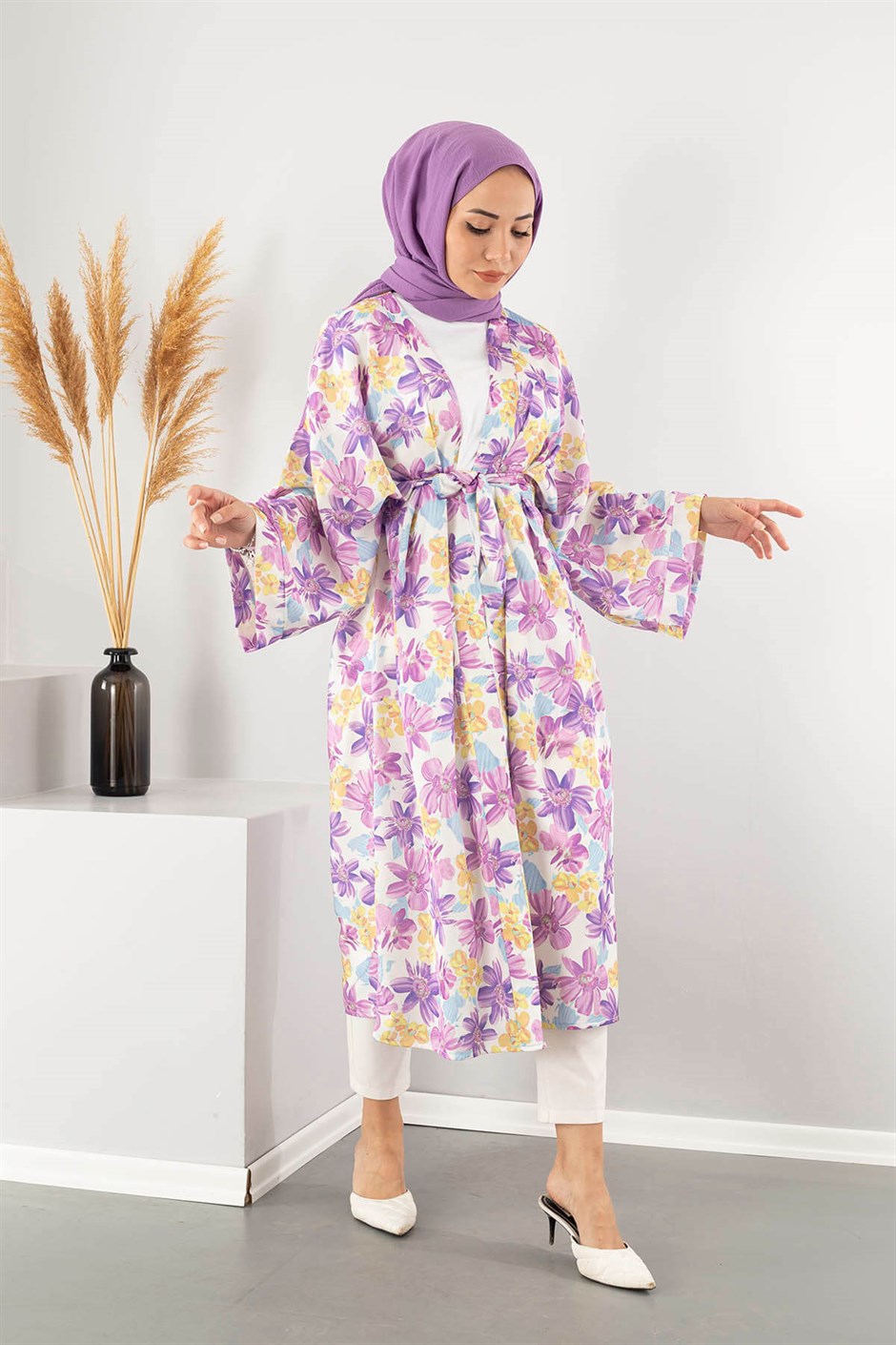 Renkli Çiçekli Kimono Lila - Moda Ala